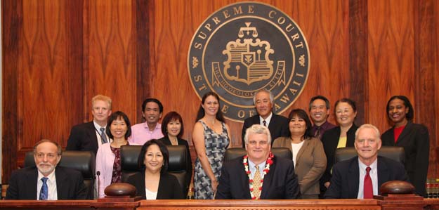 Pictured above are pro bono attorneys that serve at the Kapolei Family Court Access to Justice Rooms with Judge R. Mark Browning (Senior Judge of the Oahu First Circuit Family Court) and Associate Justices Richard Pollack and Paula Nakayama, Chief Justice Mark Recktenwald, and Associate Justice Michael Wilson.